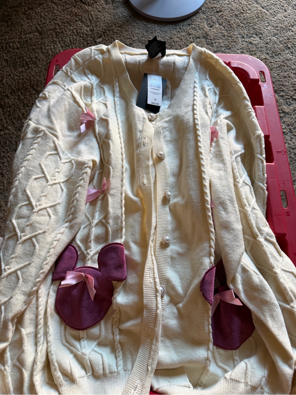 Women’s Cream Knit Cardigan with Pink Appliqué Accents